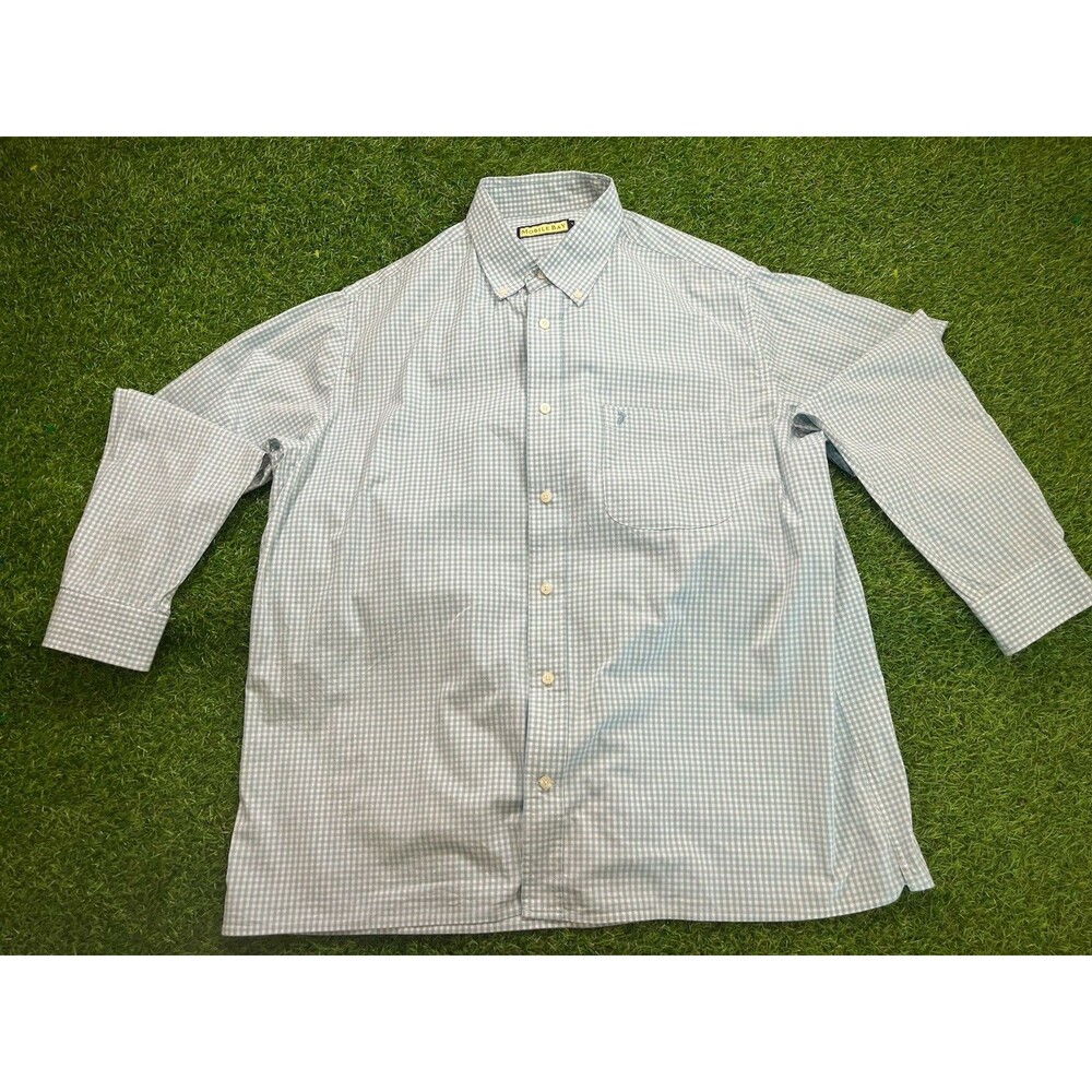 Mobile Bay Men’s Performance Fishing Shirt XL Blue White Gingham Vented Roll Tab